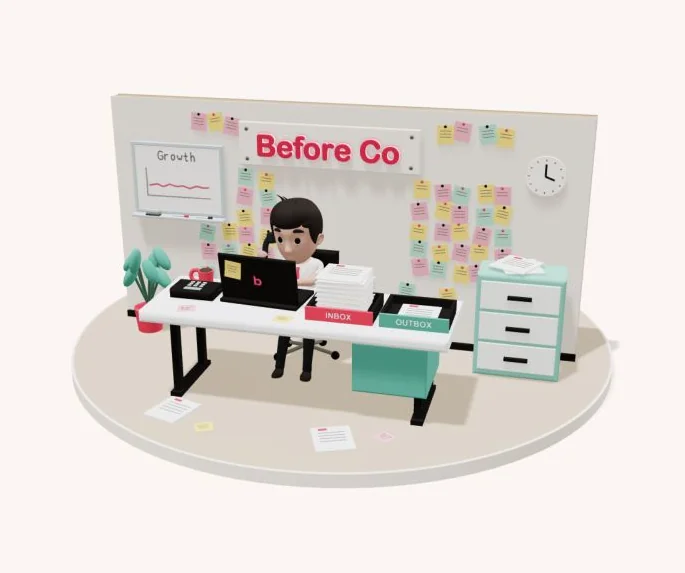Before Co: a busy owner on a landline phone, with an overflowing inbox.