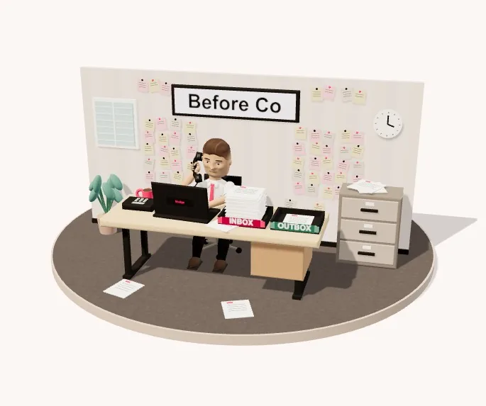 Before Co: a busy owner on a landline phone, with an overflowing inbox.