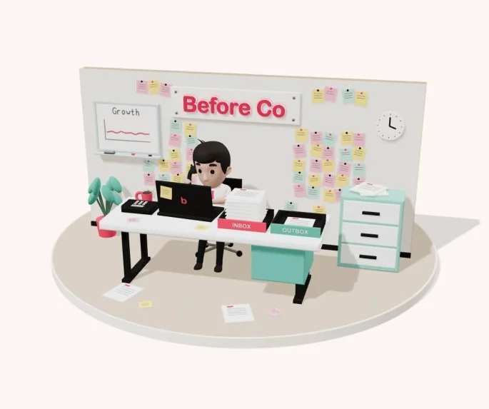 Before Co: a busy owner on a landline phone, with an overflowing inbox.