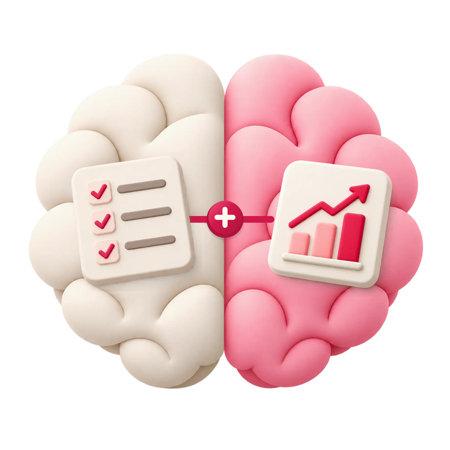 Two connected parts of a business brain: organised work and a growth chart.