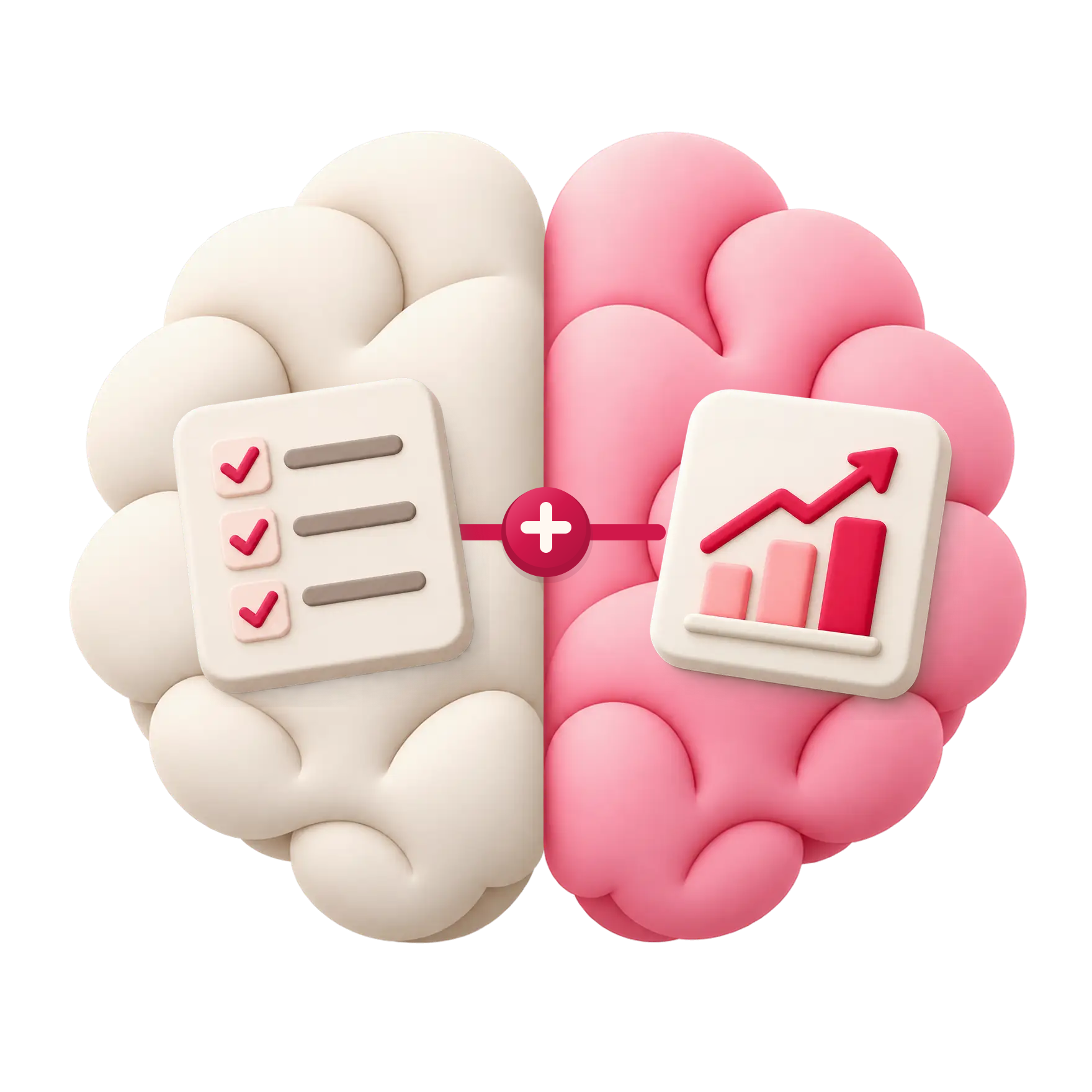 Two connected parts of a business brain: organised workflows and a growth chart.