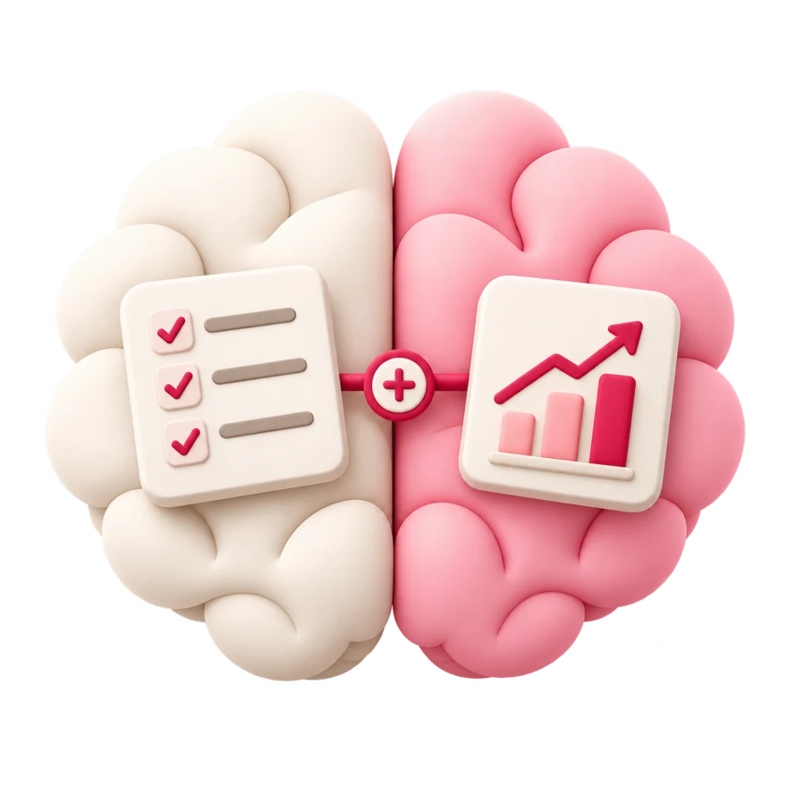 Two connected parts of a business brain: organised workflows and a growth chart.