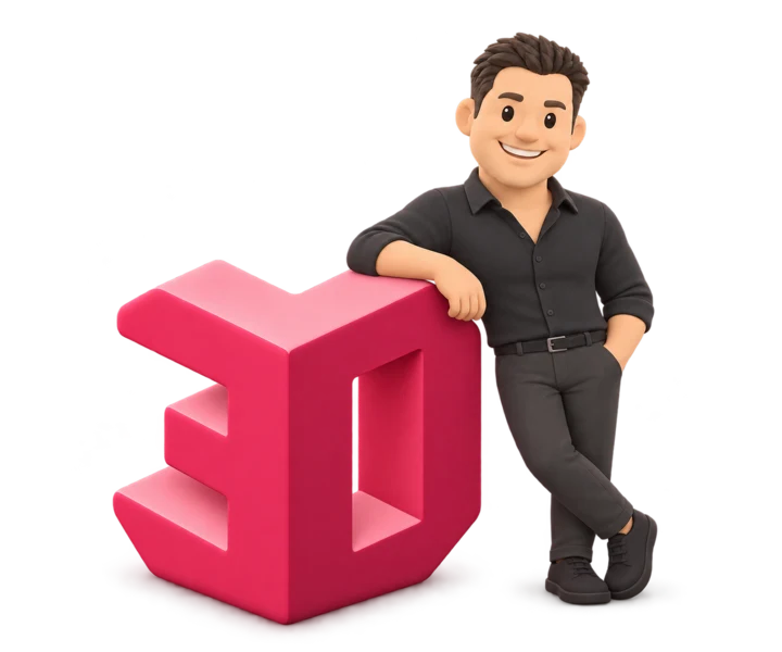 Clent leaning against the pink 3D process emblem.