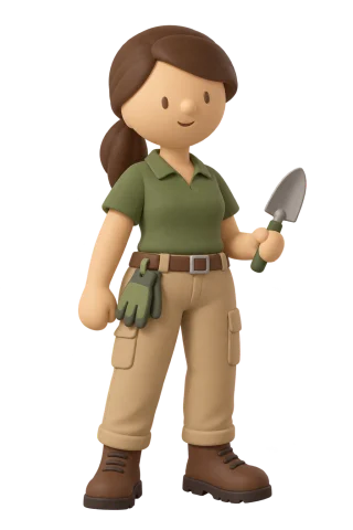 Sophie, landscape gardener, holding a trowel