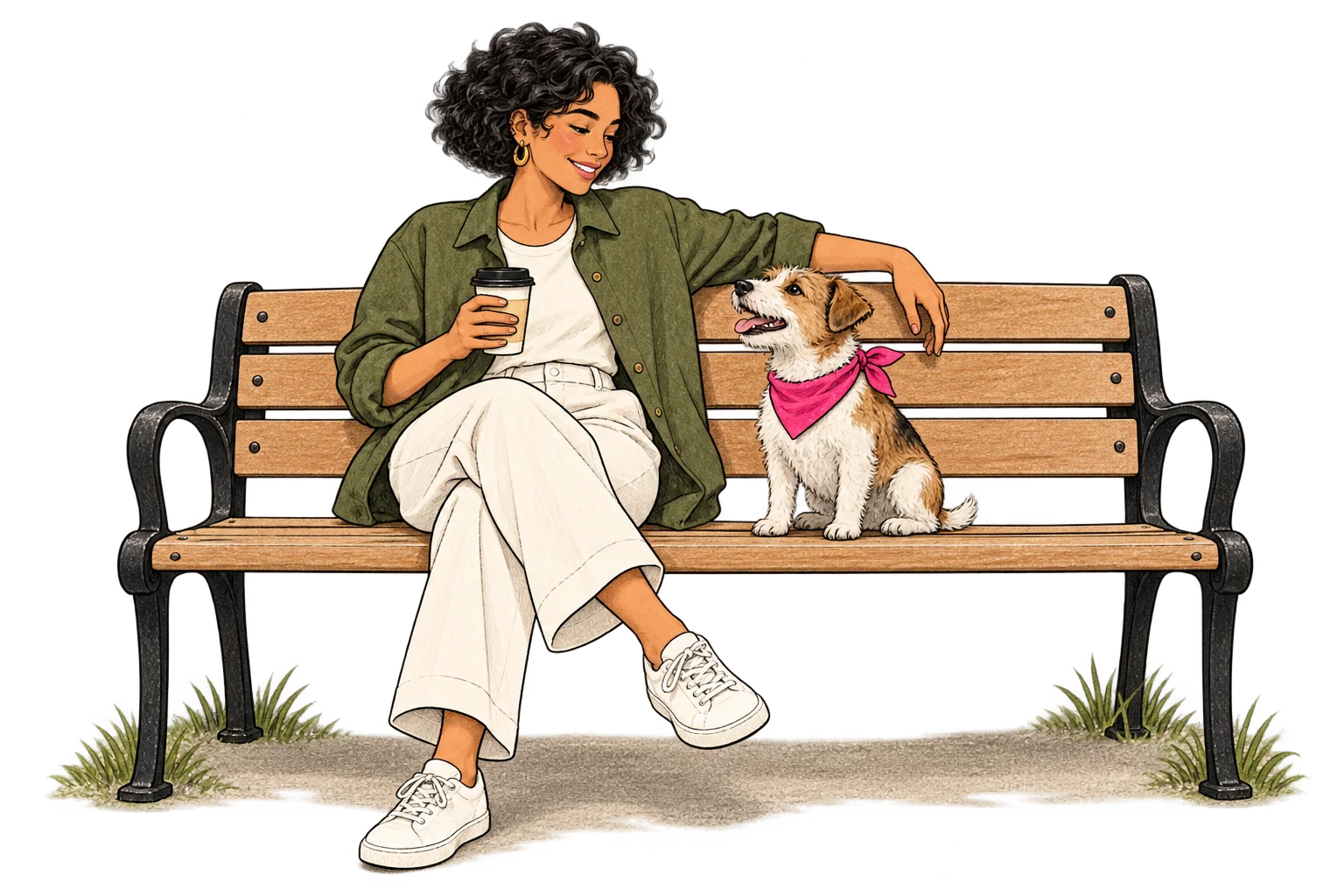 A business owner taking a coffee break with their dog