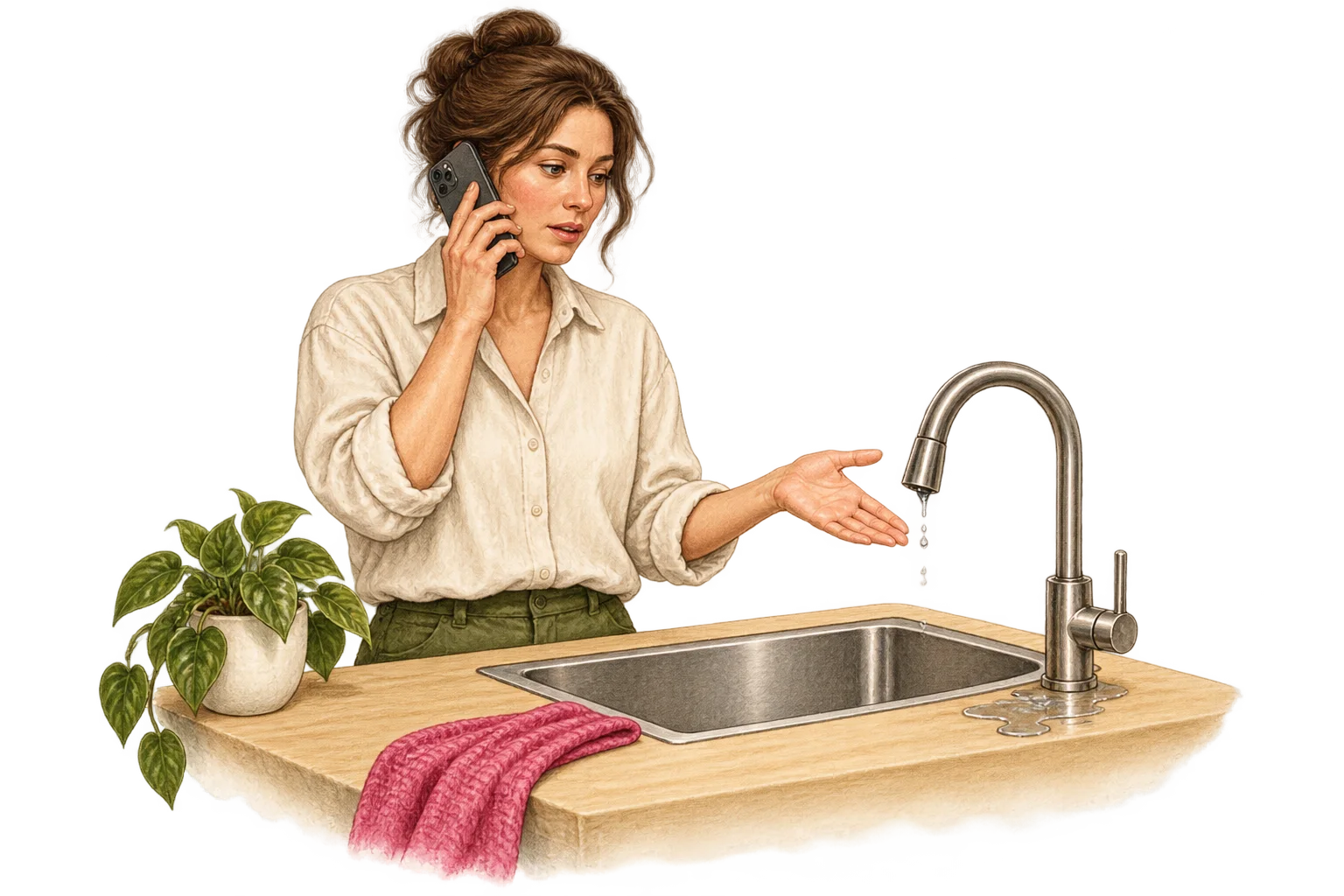 A homeowner calling on a mobile phone beside a dripping kitchen faucet